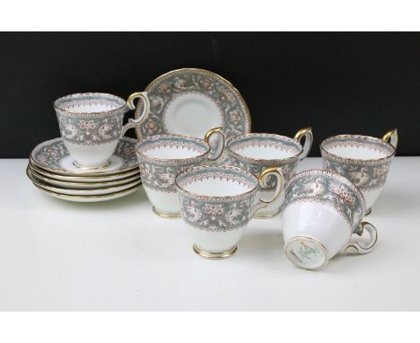 Crown Staffordshire 'Ellesmere' blue and gilt border set of six cups and saucers