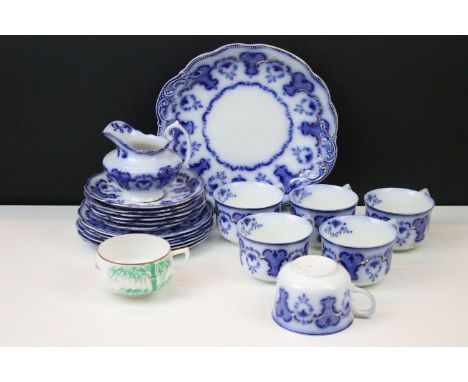 Alton blue and white part tea set to include six cups and saucers, six side plates, milk jug and a cake serving plate