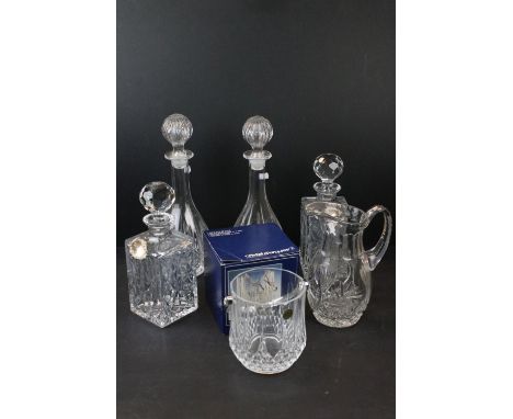 Pair of Jaffe Rose lead crystal square decanters with silver Brandy and Whisky neck labels together with a Cristal D'Arques l