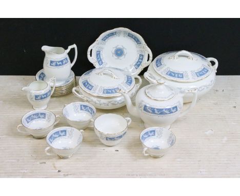 Coalport 'Revelry' blue border part dinner service set to include tea pot, round serving dish, beaker mug, cup and saucer, mi