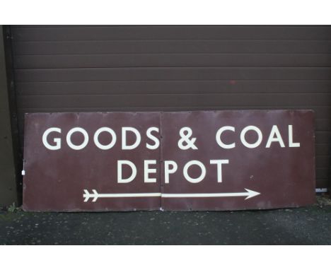 Enamel Sign - Original GWR 'Goods &amp; Coal Depot' British Railway enamel sign, on brown background, sign in two pieces, mea