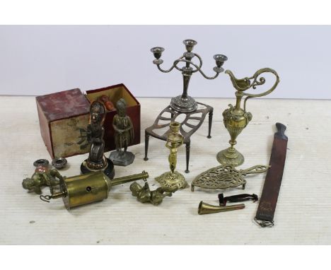 Quantity of metal ware items to include an Albatross iron, fireside trivets, silver plate three branch candelabra, brass cand