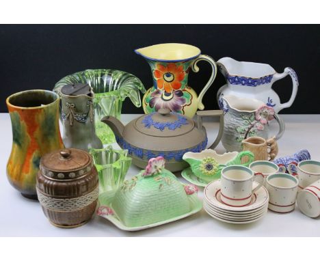 Royal Doulton Lambeth tobacco jar and lidded pouring jug together with a Wedgwood Jasperware teapot, Japonica oriental style 