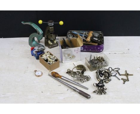 Collection of watch makers equipment to include watch case opener, lever press, jewellery cleaning machine, assorted keys, ri