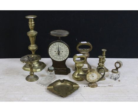 Collection of brass items to include two small candlesticks, medium candlestick, H 25cm, Breweriana London ashtray, miniature