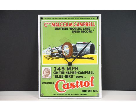 Castrol motor oil enamel sign wall clock with quartz clock movement. Measures 25 x 19cm.