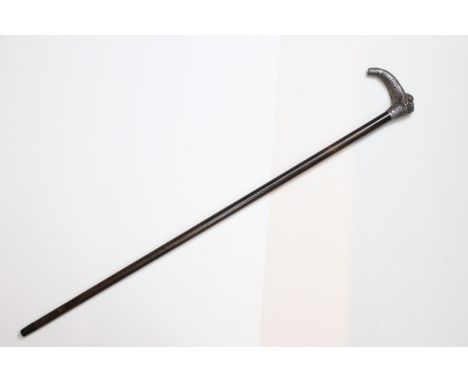 Silver hallmarked handle walking stick cane modelled in the form of a resting dog on a branch, H 92cm