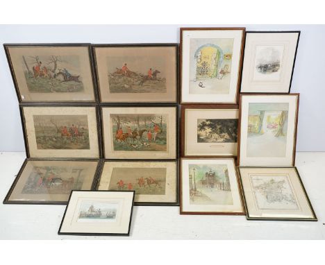 Assorted 19th Century prints to include hand coloured hunting engravings, topographical etchings including Yarmouth, map o Wo
