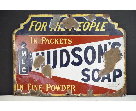 Original Hudson's Soap enamel sign reading 'for the people, in packets, in fine powder'. Marked with Reg No. 145491 "chromo" 