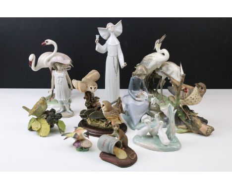 Collection of ceramic figurines to include Coalport fine art mouse and Song Thrush, Country Artists Pair of barn owls with pl