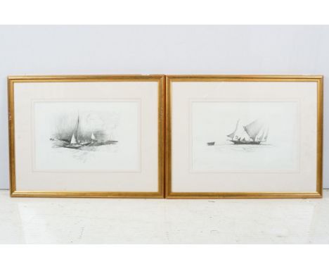 Martyn R Mackrill (British, b. 1962), a pair: nautical views of sailboats at full mast, etching/prints, 21.5 x 33.5cm, both f