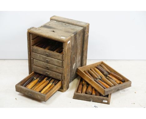 Small vintage chest of drawers containing wood working tools, H 36cm, W 27cm, D 31cm