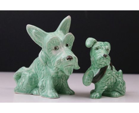 Two Sylvac green dogs modelled as 1433 Dog with paw in sling and Scottie dog 1295