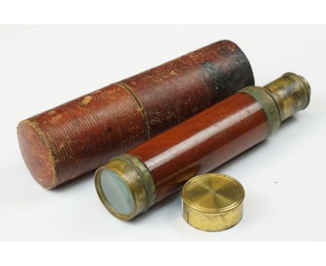 A 19th century mahogany single drawer telescope, in a leather outer tube, possible French naval.