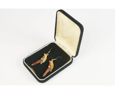 Pair of enamel parakeet earrings