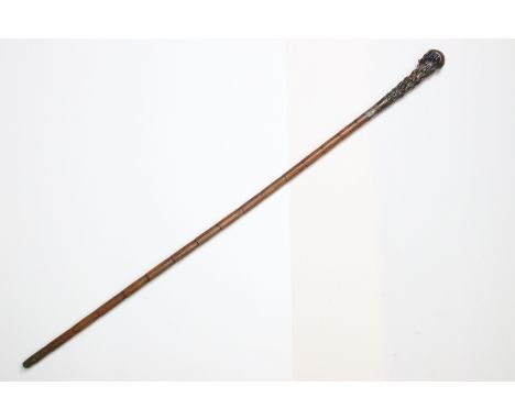 20th century Briar wood handled walking stick cane with miniature compass top and silver hallmarked collar, H 100cm