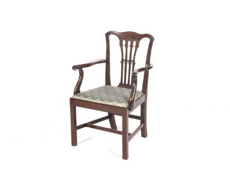 A Georgian mahogany chippendale style armchair. With pierced slats and a blue upholstered seat, raised on tapered supports, H