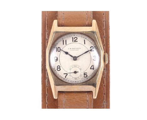J W Benson, London, a Swiss mid-size 9ct gold tonneau shaped wrist watch, circa 1936. The silvered dial with raised black pai