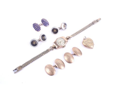 A small collection of jewellery including a pair of 9ct gold domed-oval twin-panel cufflinks. Each engraved with a monogram, 