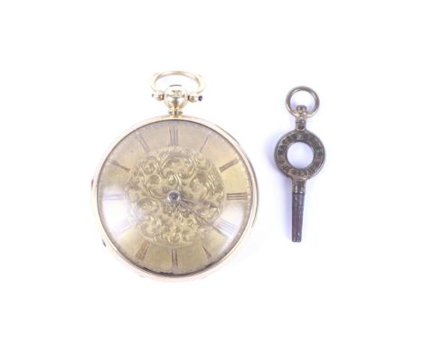 An early Victorian 18ct gold open face small pocket watch, circa 1843. The floral engraved golden dial with raised Roman nume