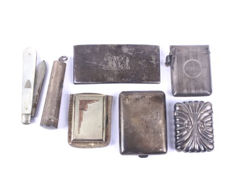 A collection of Victorian and later small silver. Comprising; a Victorian fluted vesta/match case, the Birmingham marks obscu