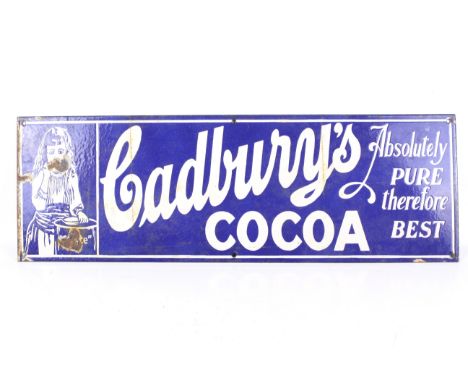 A vintage enamel advertising sign for 'Cadbury's Cocoa'. Featuring an image of a cook and the words 'Absolutely PURE therefor