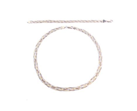 A Vintage Italian tri-colour 9ct gold woven-mesh necklace and matching bracelet. Each on a lobster-claw clasp, import hallmar