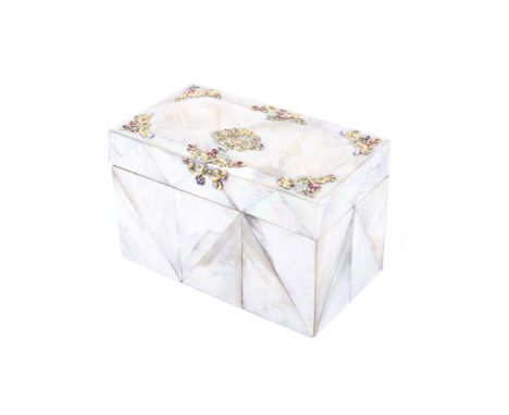 An early 19th century gold-mounted mother of pearl and enamel stationary or letters box. All-over veneered with mother of pea