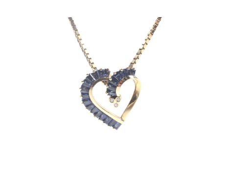A vintage sapphire and diamond open-heart pendant, and a chain. The heart calibre set one side with a graduated band of sapph