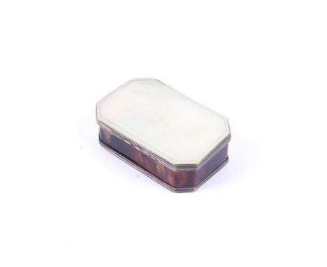 A 19th century mother of pearl and tortoiseshell canted-rectangular snuff box. The hinged lid engraved with a shield-shaped c