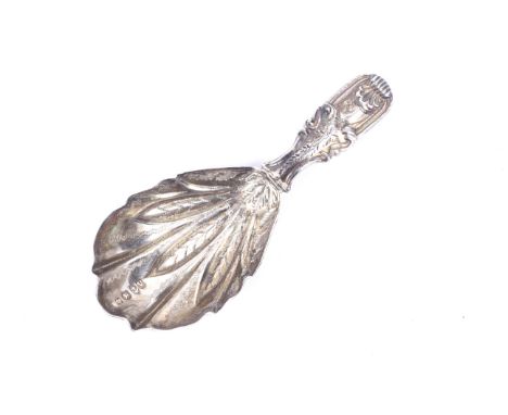 A George III silver fiddle, thread and shell pattern caddy spoon. The fluted bowl engraved with stylised wheat ears, the holl