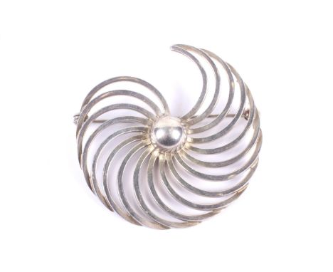 Borge Malling Jensen, a vintage Danish sterling spiral brooch. Centred with a hemi-spherical bead within an open spiral surro