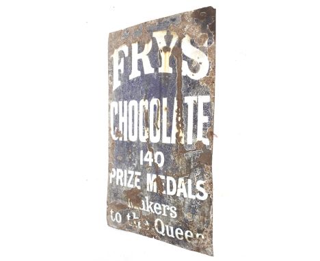 A large vintage Frys Chocolate advertising sign. Stating '140 prize medals makers to the Queen' in white on a blue ground. 15