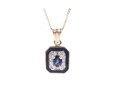 A vintage 14ct gold, sapphire, diamond and blue enamel oblong pendant. Centred with am oval mixed-cut sapphire within a tiny 