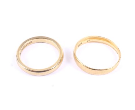 Two vintage 22ct gold wedding bands. One with indistinct hallmarks probably Birmingham circa 1930, 3.8mm wide, size about M, 