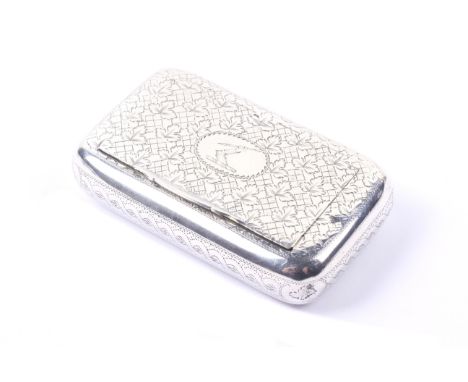 A George III silver snuff box. With a flush hinged lid with a plain thumb-piece and engraved with leaves and diaper around a 