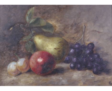 A late 19th/early 20th century oil on canvas painting of fruit. In Royal Worcester colours, depicting a pear, grapes, etc. 29