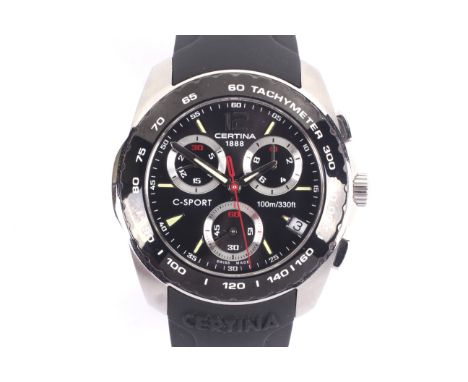 Certina, C-Sport, a gentleman's stainless steel chronograph bracelet watch, circa 2008. The black dial with luminous baton an