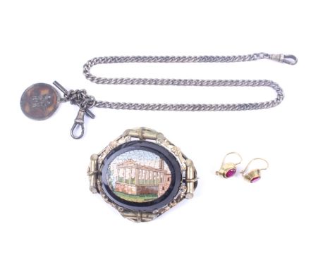 A 19th century gilt metal and micro-mosaic oval brooch and other items. The brooch depicting a neo-classical colonaded buildi