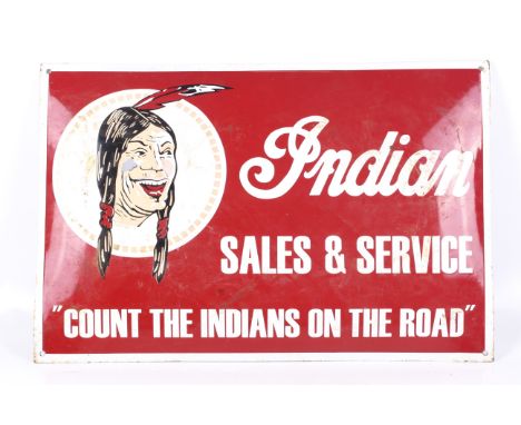 A vintage enamel advertising sign for Indian motorcycles. Depicting the face of a native American and the slogan 'Count the I