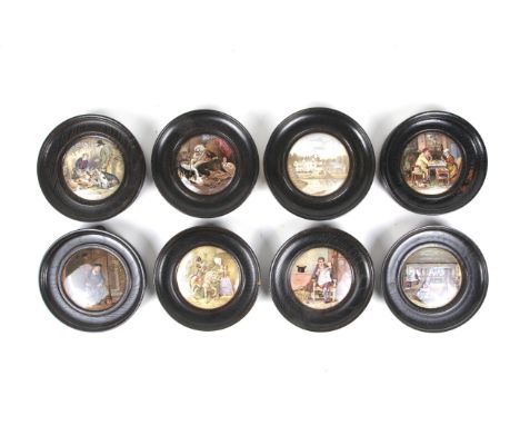 Eight ebonised oak framed Prattware pot lids. Decorated with various scenes, some titled 'The Game Bag', 'On Guard', 'A Pair'