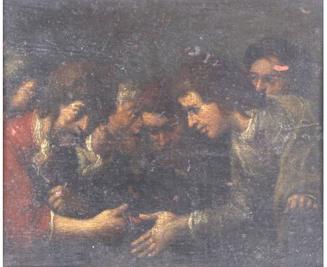 A 17th/early 18th century Continental School painting of The Barter. Oil on thick wooden panel, depicting six figures discuss