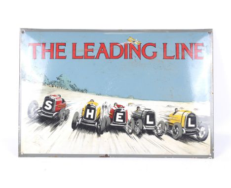 A vintage enamel advertising sign for Shell. Depicting five racing cars beneath the slogan 'The Leading Line', 40cm x 60cm Co
