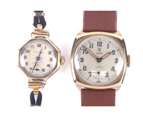 Two gold cased wrist watches, circa 1950-51. Comprising; Tudor, a gentleman's 9ct gold cushion-shaped wrist watch, circa 1950