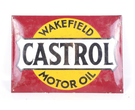 A vintage enamel advertising sign for 'Castrol Motor Oil'. Marked 'Wakefield' and featuring a logo on a yellow and red ground