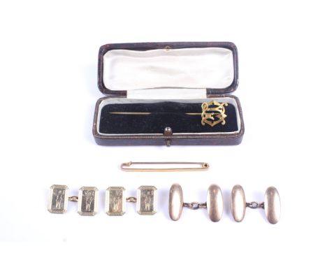 A small collection of gold jewellery including two pairs of cufflinks. Comprising; a pair of late Victorian 9ct rose gold ova