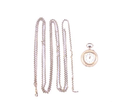 An early 20th century gold cased fob watch and a Victorian long guard chain. The open-face keyless fob watch with a white ena