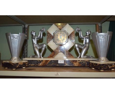 A good quality French Art Deco marble clock garniture with cast metal maidens