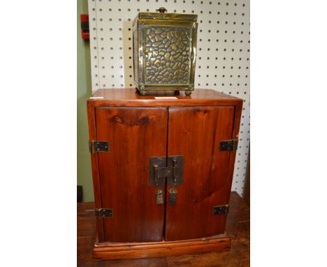 Brass covered caddy/box and an Oriental softwood table cabinet 33 x 27cm