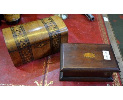 A Tunbridge ware tea caddy an another inlaid wooden box